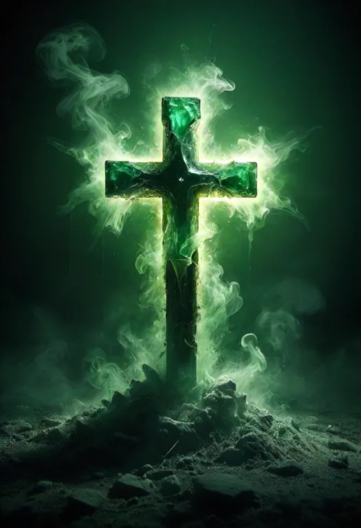 A Buried Broken Emerald Cross Glazed By The Sun Emitting Smo...