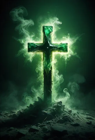 A Buried Broken Emerald Cross Glazed By The Sun Emitting Smo... — SDXL AI Prompt: a buried broken emerald cross glazed by the sun emitting smoke, backlit, forgott...