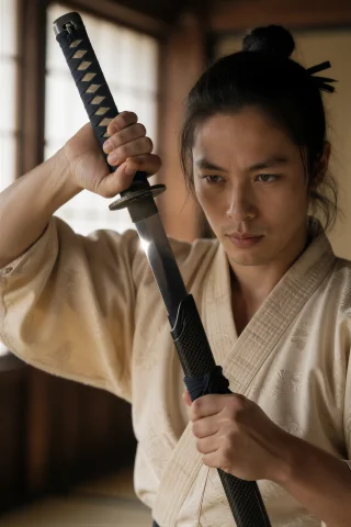 A Cinematic Photograph, Medium Close-up, The Ronin Mans Hand... — Stable Diffusion AI Prompt: A cinematic photograph, medium close-up, the ronin man's hands gripping the kata...