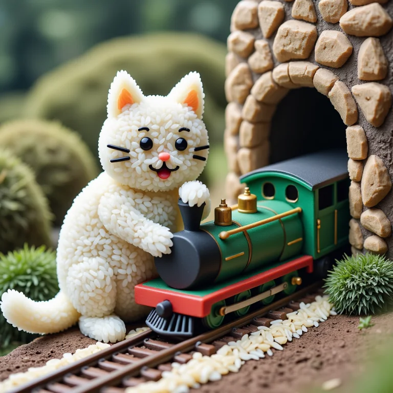 A Noc-styr Playful Cat Interacts With A Miniature Train Set...