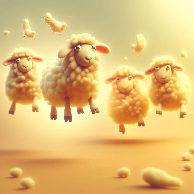 A Group Of Sheep Jumping Around Having Watching Lady Chicken...