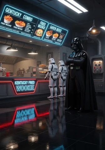 A Photorealistic Image Of Darth Vader Standing In Line Insid... — Stable Diffusion AI Prompt: A photorealistic image of Darth Vader standing in line inside a fast food restau...