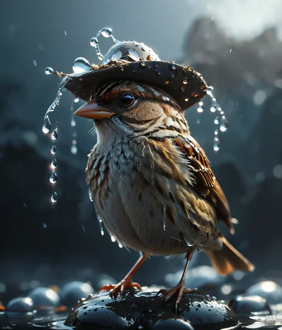 Low Angel, This Striking Image Features A Sparrow With A Fel... — SDXL AI Prompt: low angel, This striking image features a sparrow with a felt hat perched elegan...
