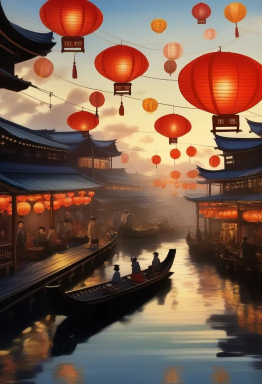 A Floating Market Of Airships And Paper Lanterns, Plein Air...