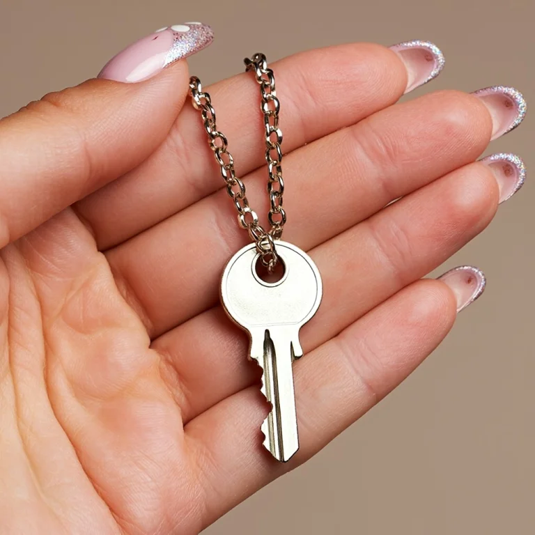 Close Up On Small Key Necklace In Woman Hand. Nails Are Poli...