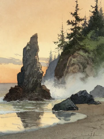 Bradhamel Art Style. A Serene Coastal Landscape At Golden Ho... — Stable Diffusion AI Prompt: Bradhamel art style.**** A serene coastal landscape at golden hour, featuring to...