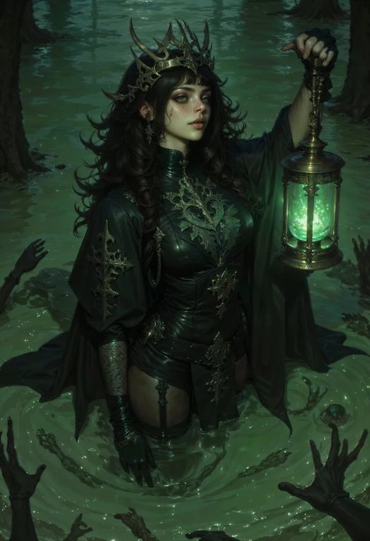 A Gothic Swamp Witch Standing Waist-deep In Murky Waters, He...