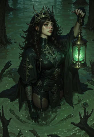 A Gothic Swamp Witch Standing Waist-deep In Murky Waters, He... — FLUX AI Prompt: A gothic swamp witch standing waist-deep in murky waters, her hair wild and tang...