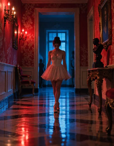 Loratraining149064-202609221305157531young Ballerina Standin... — Stable Diffusion AI Prompt: young ballerina standing alone in an ornate academy hallway, saturated red and b...