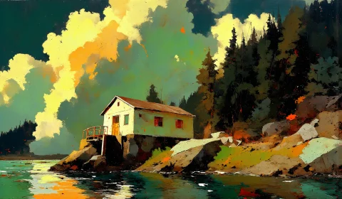 A Flat, Graphic Illustration Of A Small White Cottage Perche... — Stable Diffusion AI Prompt: A flat, graphic illustration of a small white cottage perched on a grassy, rocky...