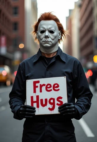 Michael Myers Holding A Sign That Says Free Hugs Wearing Bla... — FLUX AI Prompt: Michael Myers holding a sign that says "Free Hugs" wearing black gloves, standin...