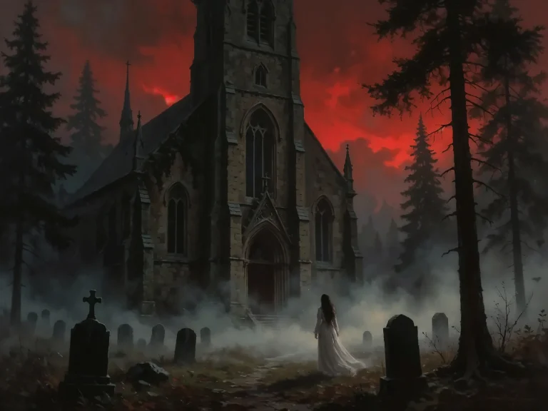 Woman In White Dress Walking Toward Gothic Church In Foggy G...
