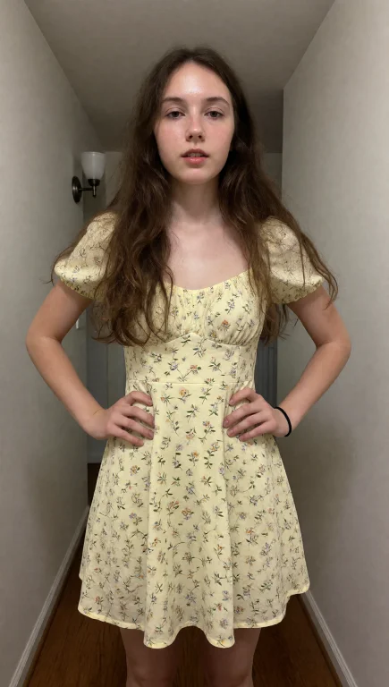 A Young Woman With Long, Wavy Brown Hair That Cascades Over...