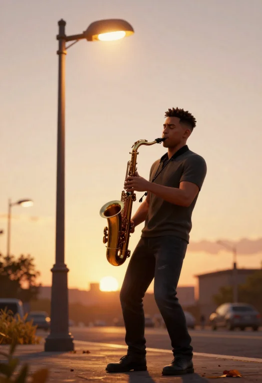 A Street Musician Playing Saxophone Under A Streetlight, Oct...