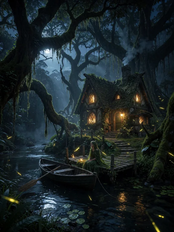 Cinematic Depth. Night Scene, A Small Cottage Sits On A Rive...