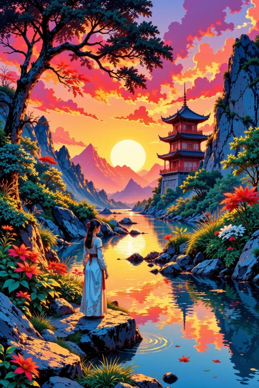 Paradise Beautiful Landscape, Sunset, Woman, Very Intricate,...