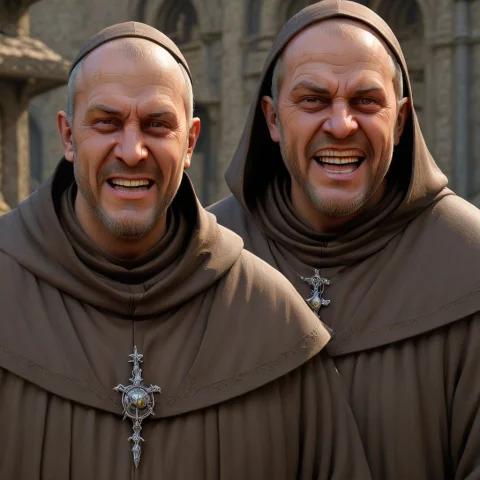 Xmn-2yc-rto Friar Character , Older Male Friar, Round Friend... — SDXL AI Prompt: xmn-2yc-rto Friar character , older male friar, round friendly face, short grey-...