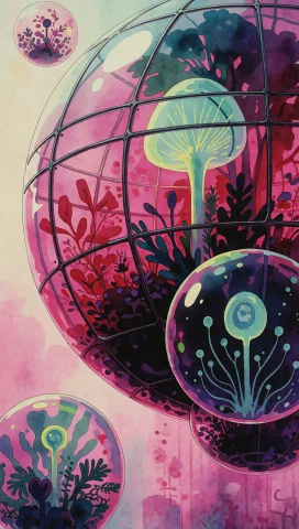 146. Abstract Orbital Greenhouse, Floating Glass Spheres, Gl... — Stable Diffusion AI Prompt: 146. Abstract orbital greenhouse, floating glass spheres, glowing alien plant si...