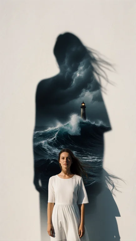 A Woman In A Simple White Dress Standing Alone Against An En...