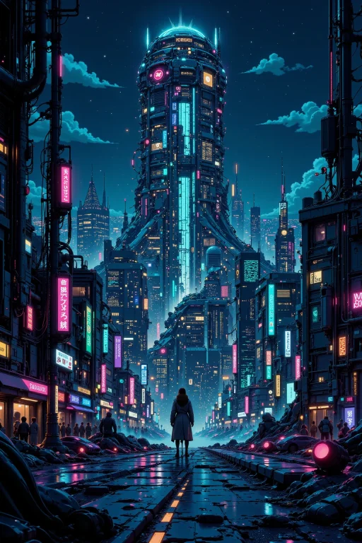 Robot City Beautiful Landscape, Bright Luminous Night, Woman...