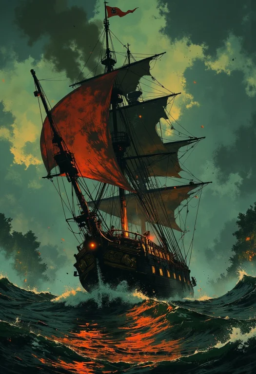 A Pirate Ship, Jolly Roger Flag, Rigging And Sails, Sailing...