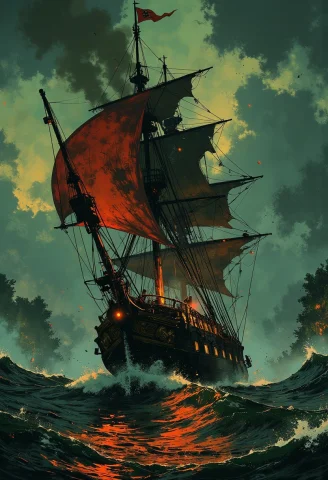 A Pirate Ship, Jolly Roger Flag, Rigging And Sails, Sailing... — FLUX AI Prompt: a pirate ship, jolly roger flag, rigging and sails, sailing in a tropical storm,...