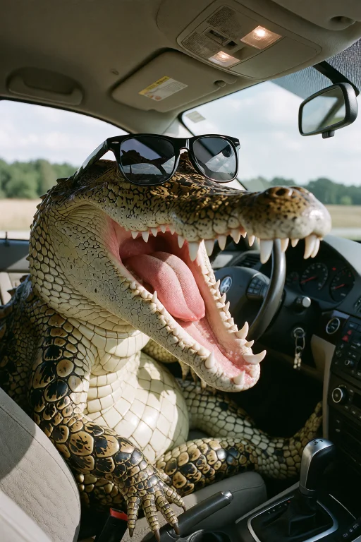 A Humorous Image Of A Crocodile Driving A Car With Sunglasse...