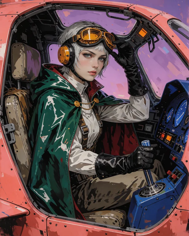Cinematic Fashion Photograph Of A Silver-haired Pilot Seated...