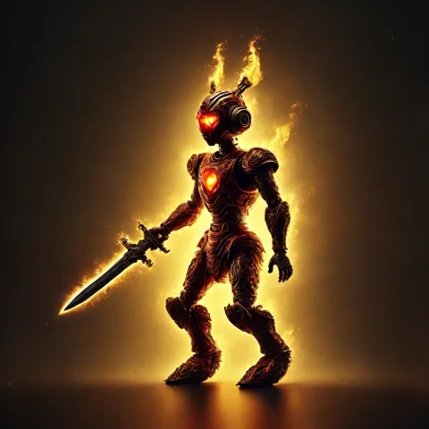 A Tight, Dramatic Shot Focusing On A Menacing Robot Carrying... — SDXL AI Prompt: A tight, dramatic shot focusing on a menacing robot carrying a sword. Robot feat...