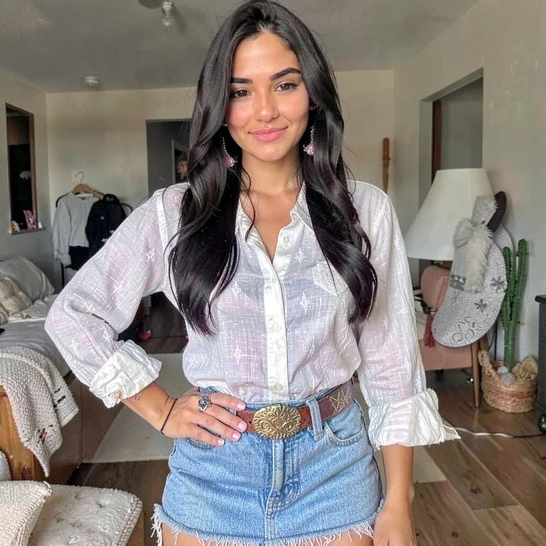 Latina, White Linen Blouse, Cowboy Shot, Denim Skirt