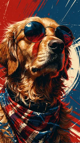 Pop Art Vector Illustration Of A Golden Retriever Wearing St... — Stable Diffusion AI Prompt: Pop art vector illustration of a golden retriever wearing stylish round sunglass...