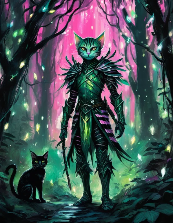 Full-body Green Elf Warrior In A Fantasy Forest At Night, Il...