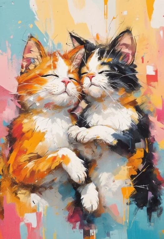 Create A Vibrant And Heartwarming Drawing Of Two Cats. One C...