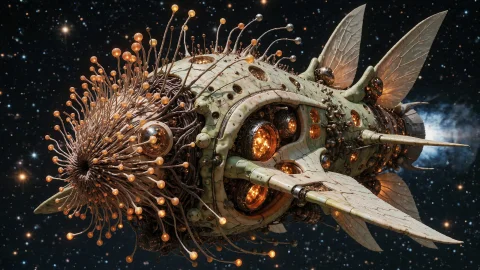 Lorafloratestrongk2e100.8 Fl0rate Luminescent Biomechanical... — Stable Diffusion AI Prompt: fl0rate luminescent biomechanical spaceship flying in space