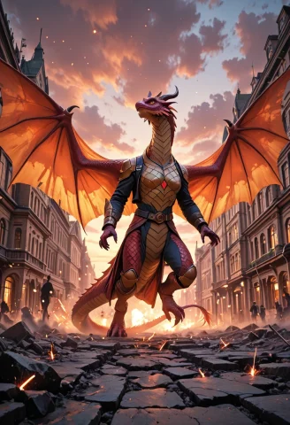 Draw In The Center Is A Closeup Of A Flying Red Dragon The A... — Stable Diffusion AI Prompt: Draw In the center is a close‑up of a flying red dragon: the angle is slightly f...