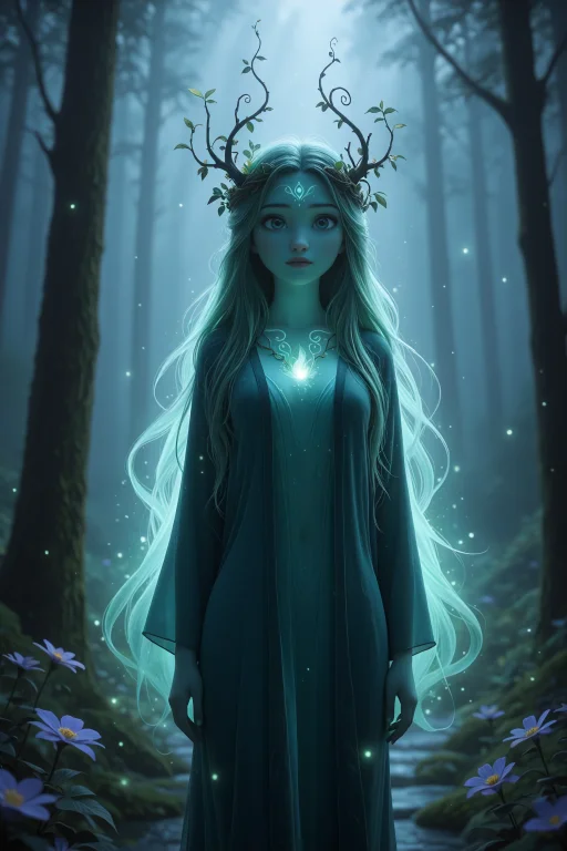 Female Forest Spirit, Bioluminescent Markings Glowing Soft T...