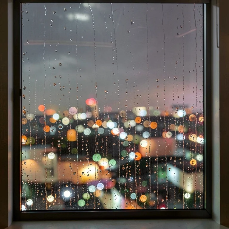 A Rainy Window Overlooking A Glowing City At Night, Bokeh Ba...
