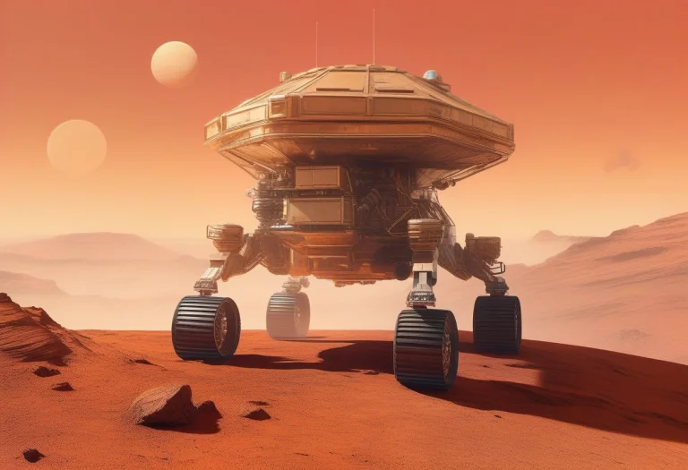 A Rover Cresting A Ridge On A Rust-red Planet, Vintage Poste...