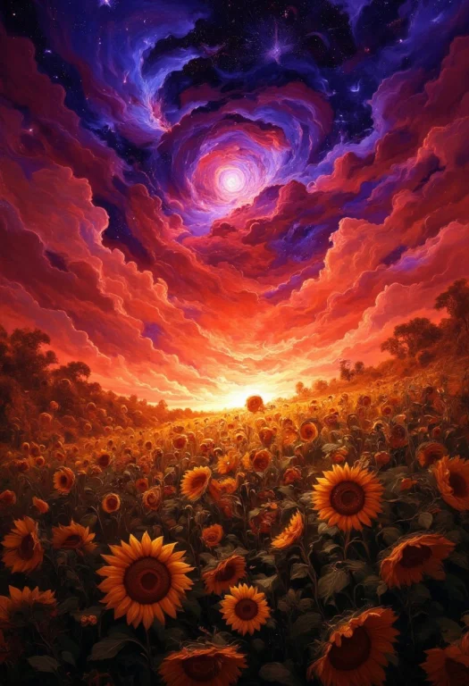 A Field Full Of Sunflowers During A Sunset With The Sky Lit...