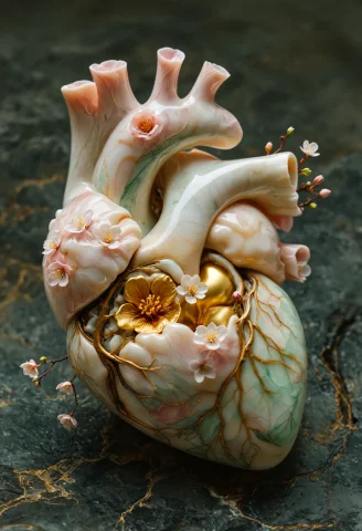 Human Heart With A Creamy White And Deep Gold Exterior Resem... — SDXL AI Prompt: human heart with a creamy white and deep gold exterior resembling molten wax, wi...