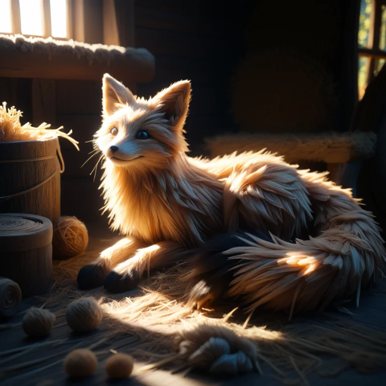 A Fox Made Of Straw Thread, Resting Peacefully, Warm Sunligh...
