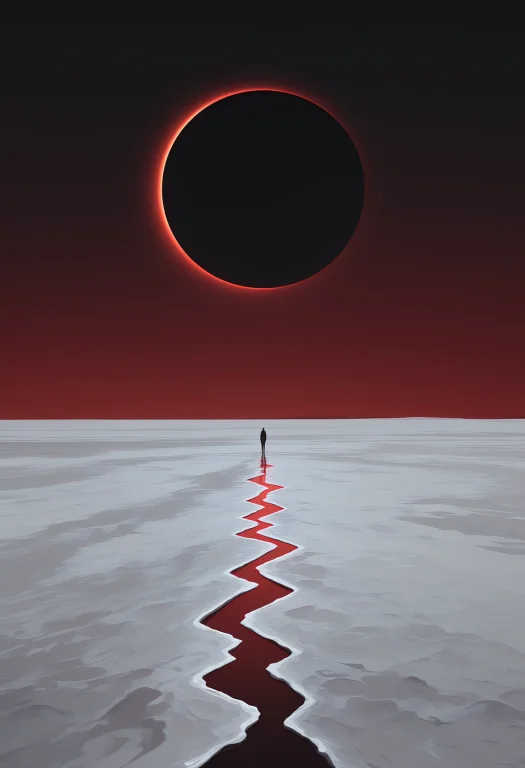 A Vast Salt Flat At Dusk Under An Enormous Dark Vermilion Ec...