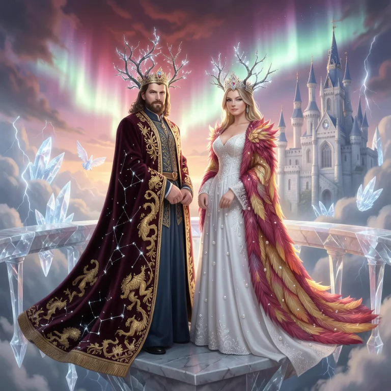 A King And Queen Standing On A Floating Crystal Balcony, Wea...