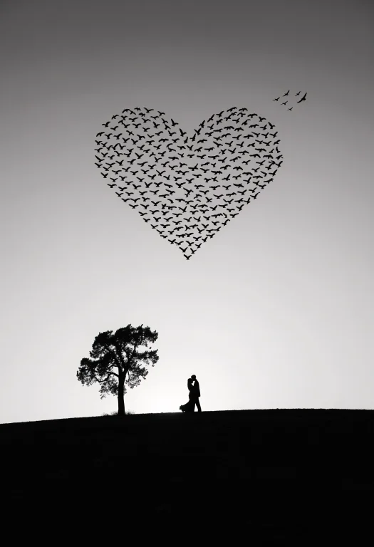 A Lone Silhouetted Tree And A Silhouetted Couple In Center,...