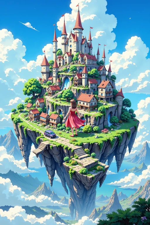 Floating Town Beautiful Anime Landscape, Cloudy Sky, Woman,...