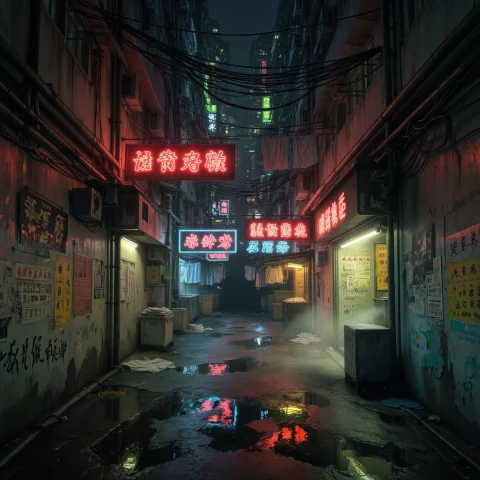Stable Diffusion Kowloon Alley — Stable Diffusion AI Prompt: Dark and claustrophobic narrow alley inside Kowloon Walled City, only 1-2 meters...