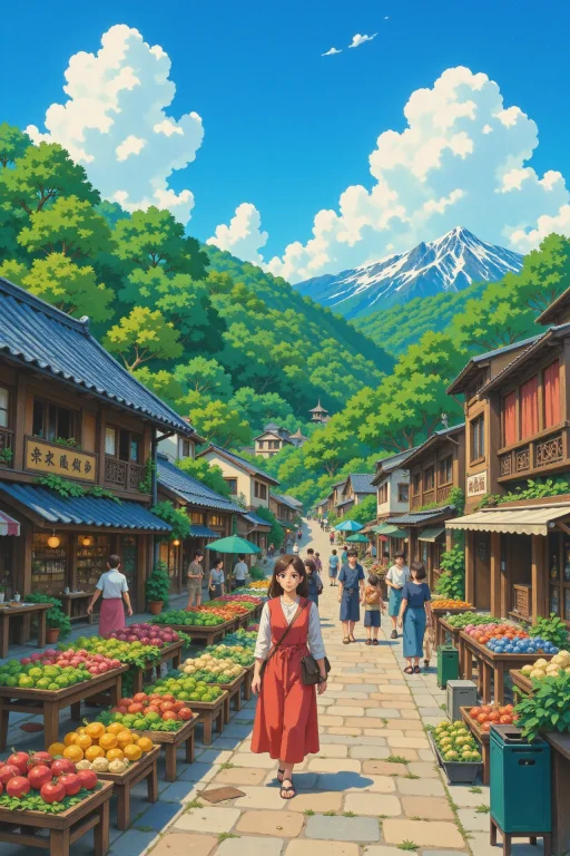 Market Beautiful Anime Landscape, Morning, Woman, Very Intri...