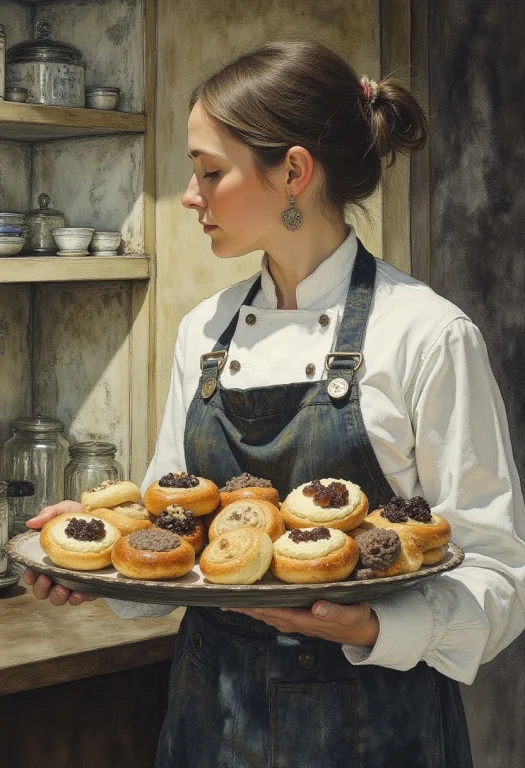 Painting Of Chef Woman Holding A Tray With A Variety Of Past...