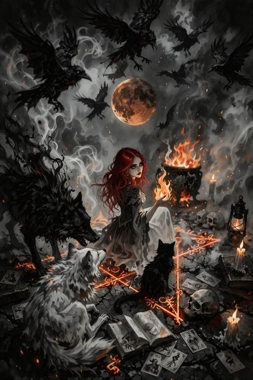 Dark Fantasy Cinematic Scene A Long-haired Redheaded Witch S...