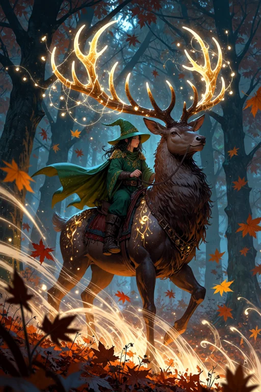 , Wizard Riding A Giant Stag Through An Enchanted Autumn For...
